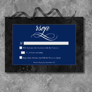 Dark Gothic Black Floral Satin Damask Blue Wedding RSVP Card
