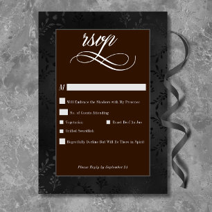 Dark Gothic Black Floral Satin Damask Brown RSVP Card