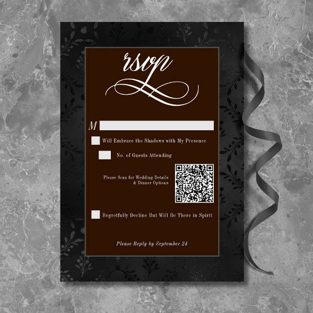 Dark Gothic Black Floral Satin Damask Brown RSVP Card (Creator Uploaded)