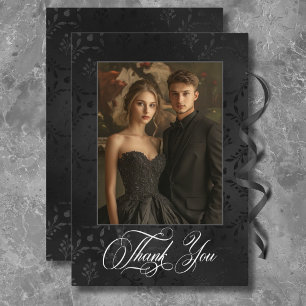Dark Gothic Black Floral Satin Damask Brown Thank You Card