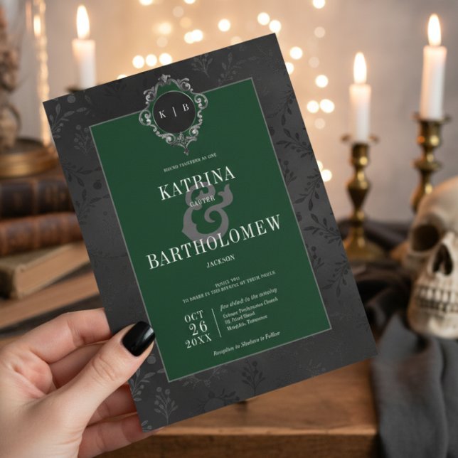 Dark Gothic Black Floral Satin Damask Green Invitation (Creator Uploaded)