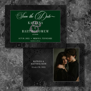Dark Gothic Black Floral Satin Damask Green Photo Save The Date