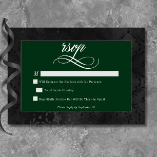 Dark Gothic Black Floral Satin Damask Green RSVP Card