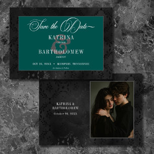 Dark Gothic Black Floral Satin Damask Teal Photo Save The Date