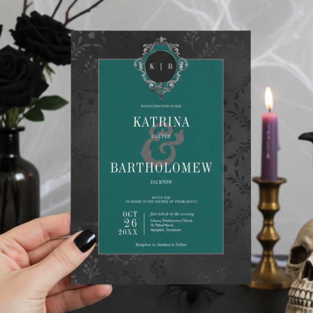 Dark Gothic Black Floral Satin Damask Teal Wedding Invitation (Creator Uploaded)