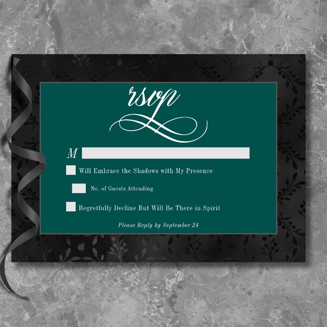 Dark Gothic Black Floral Satin Damask Teal Wedding RSVP Card (Dark Gothic Black Floral Satin Damask Teal Wedding RSVP Card)