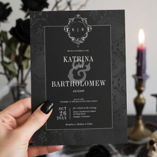 Dark Gothic Black Floral Satin Damask Wedding Invitation