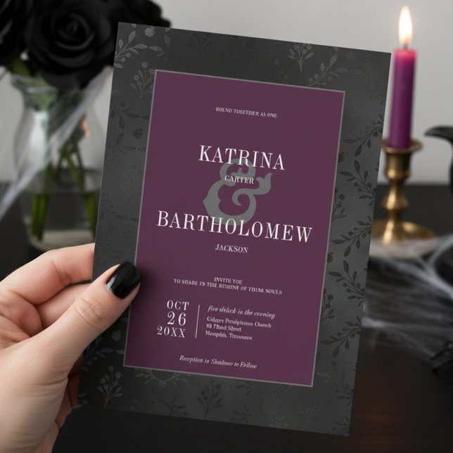 Dark Gothic Black Floral Satin Damask Wine Wedding Invitation (Creator Uploaded)