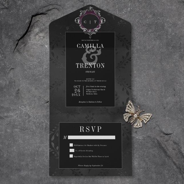 Dark Gothic Black Floral Satin No Dinner All In One Invitation (Also available with a QR code or with dinner selection options.)