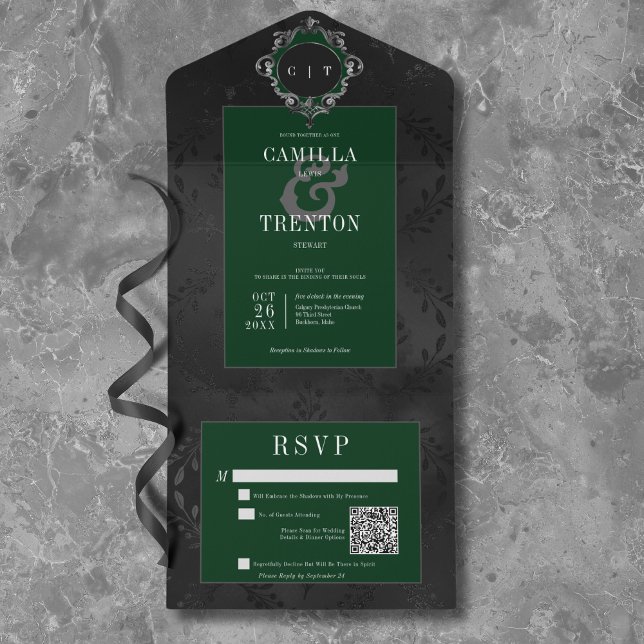 Dark Gothic Black & Green Floral Satin QR Code All In One Invitation (Dark Gothic Black & Green Floral Satin QR Code All In One Invitation)