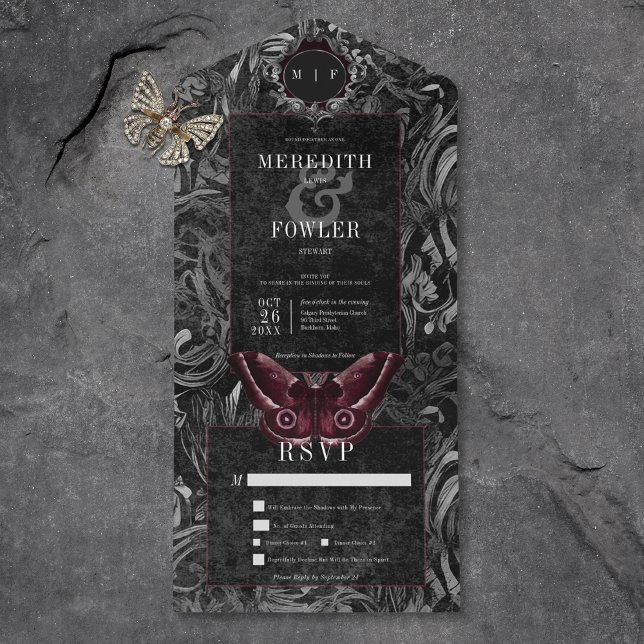 Dark Gothic Black & Grey Filigree Moth Dinner All In One Invitation (Also available with a QR code or without dinner selection options.)