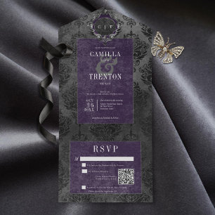 Dark Gothic Black & Purple Damask QR Code All In One Invitation