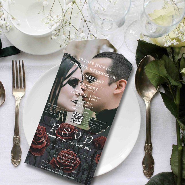 Dark Gothic Black Red Rose Floral QR Code Photo All In One Invitation (Creator Uploaded)