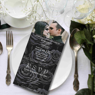 Dark Gothic Black Rose Floral Background Photo All In One Invitation