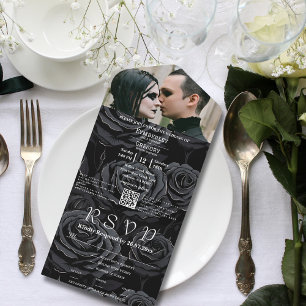 Dark Gothic Black Rose Floral QR Code Photo All In One Invitation