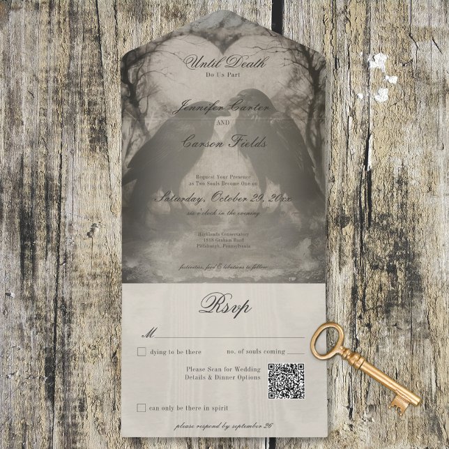 Dark Gothic Black & Tan Raven Wedding QR Code All In One Invitation (Dark Gothic Black & Tan Raven Wedding QR Code All In One Invitation)