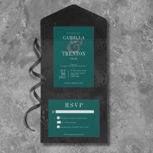 Dark Gothic Black & Teal Floral Satin No Dinner All In One Invitation