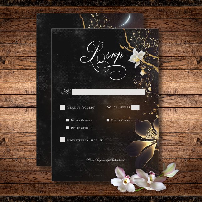 Dark Gothic Black & White Orchid Spells Dinner RSVP Card (Dark Gothic Black & White Orchid Spells Dinner RSVP Card)