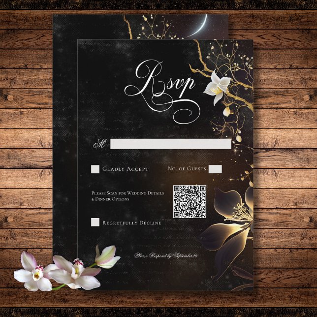 Dark Gothic Black & White Orchid Spells QR Code RSVP Card (Dark Gothic Black & White Orchid Spells QR Code RSVP Card)