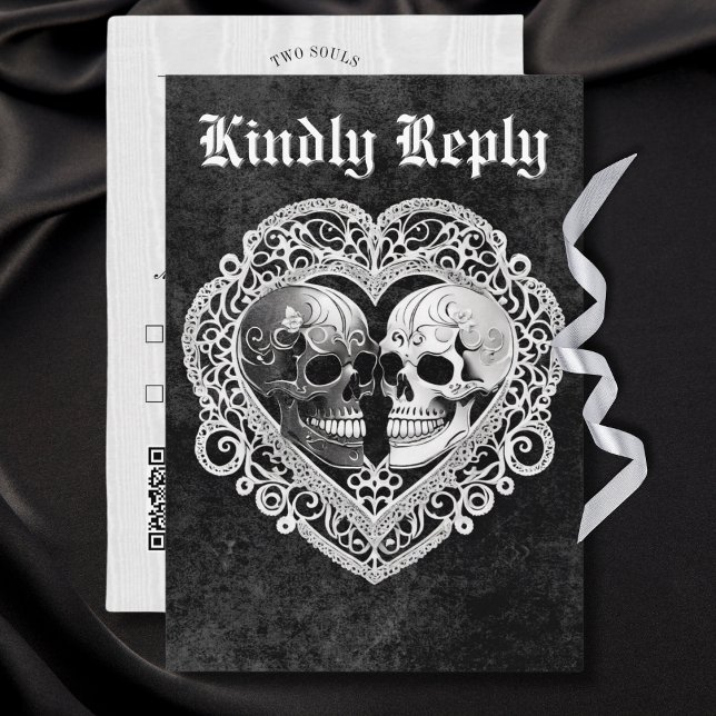 Dark Gothic Black & White Skull Couple Heart RSVP Card (Creator Uploaded)