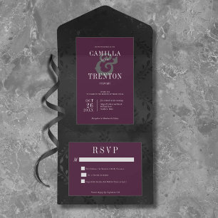 Dark Gothic Black Wine Floral Satin No Dinner All In One Invitation