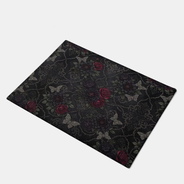 Dark Gothic Damask Seamless Pattern with Roses Doormat (Angled)