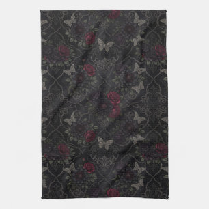 Dark Gothic Damask Seamless Pattern with Roses Kitchen Towel