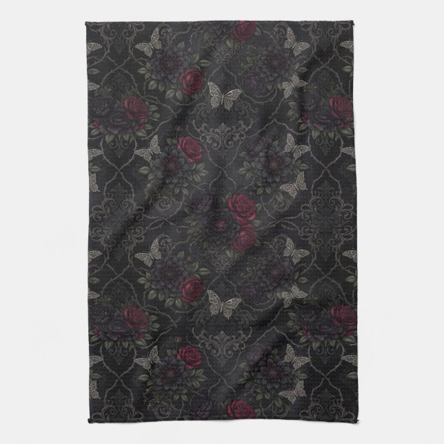 Dark Gothic Damask Seamless Pattern with Roses Kitchen Towel (Vertical)
