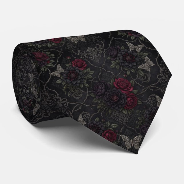 Dark Gothic Damask Seamless Pattern with Roses Tie (Rolled)