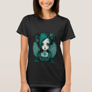 Dark Gothic Doll Chibi Style Roses Turquoise Tone T-Shirt