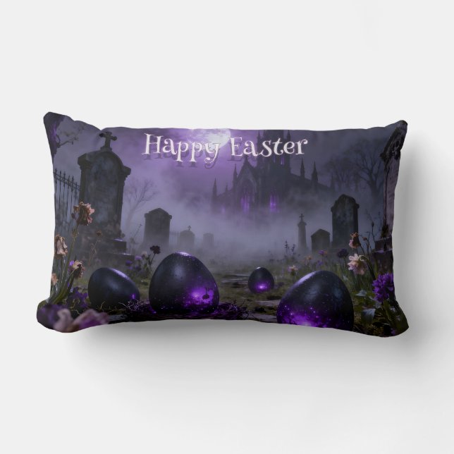 Dark Gothic Easter Scene with Glowing Eggs Lumbar Pillow (Front)