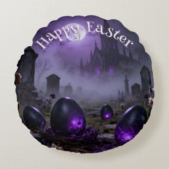 Dark Gothic Easter Scene with Glowing Eggs Round Pillow (Front)