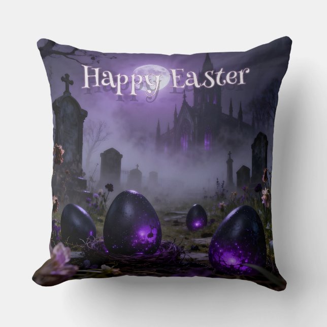Dark Gothic Easter Scene with Glowing Eggs Throw Pillow (Front)