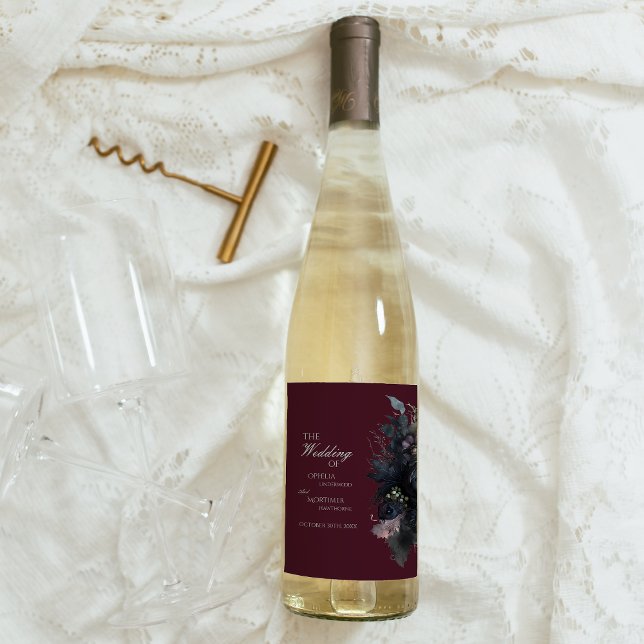 Dark Gothic Floral Burgundy Wedding Wine Label (Creator Uploaded)