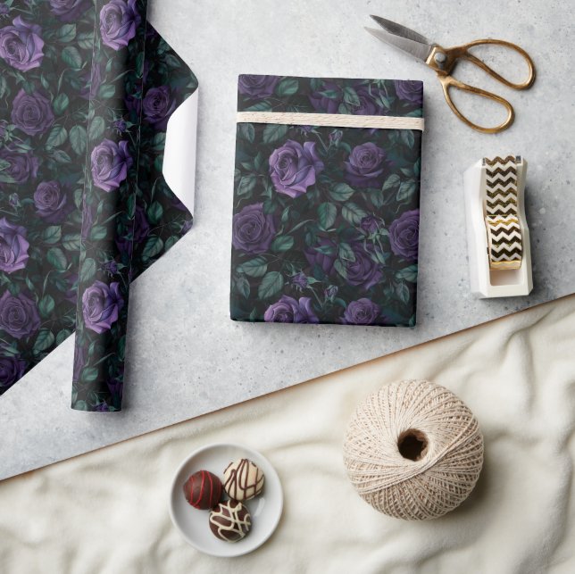Dark Gothic Floral Pattern with Deep Purple Roses Wrapping Paper (Crafts)