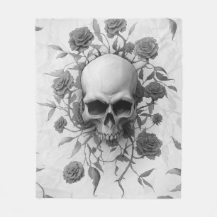 Dark Gothic Floral Rose Skull Fleece Blanket