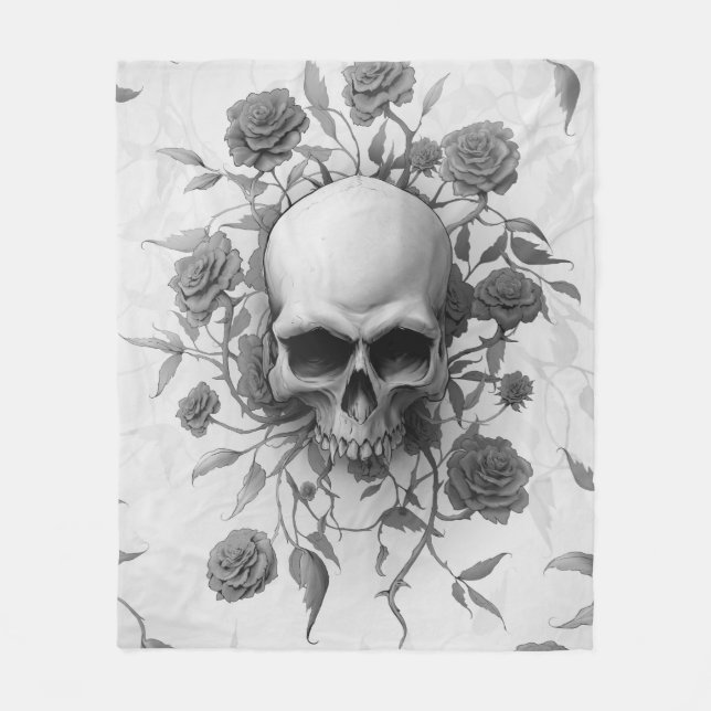 Dark Gothic Floral Rose Skull Fleece Blanket (Front)