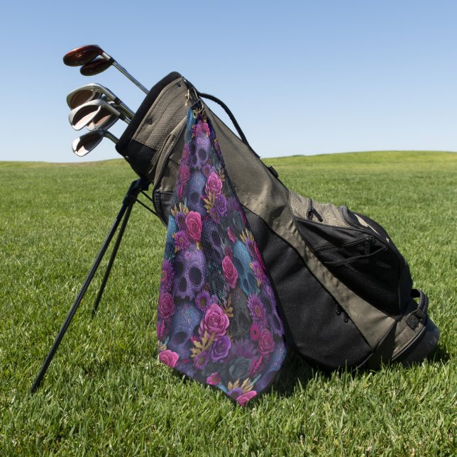 Dark Gothic Floral Skull Seamless Pattern Golf Towel (Green)