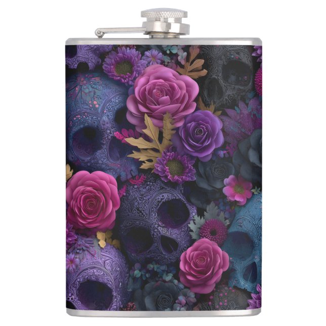 Dark Gothic Floral Skull Seamless Pattern Hip Flask (Front)