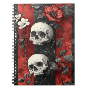 Dark Gothic Floral Skulls Red & Black Stripe Notebook