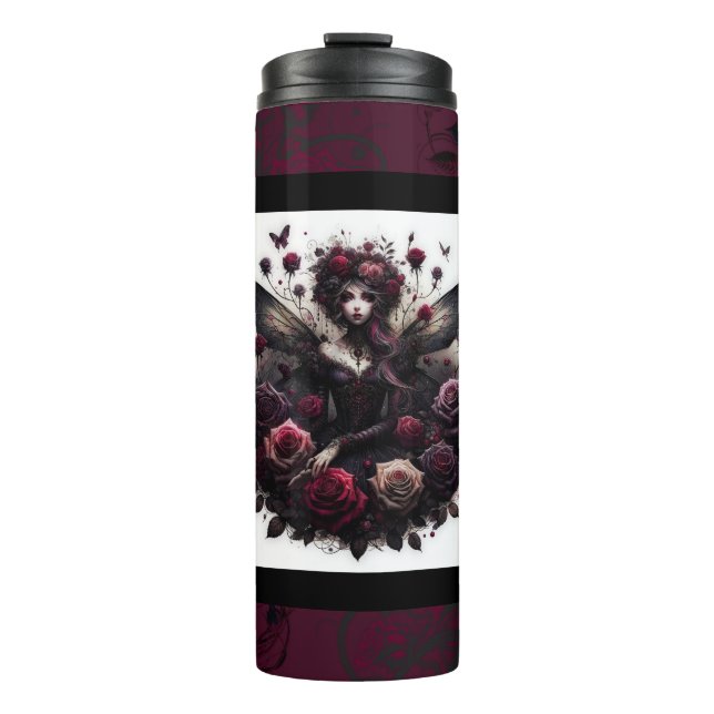 Dark Gothic Forest Fairy Floral Roses Burgundy Thermal Tumbler (Front)