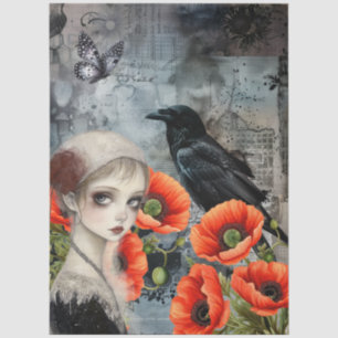 Dark Gothic Girl Raven Red Poppies Abstract Art  Tissue Paper