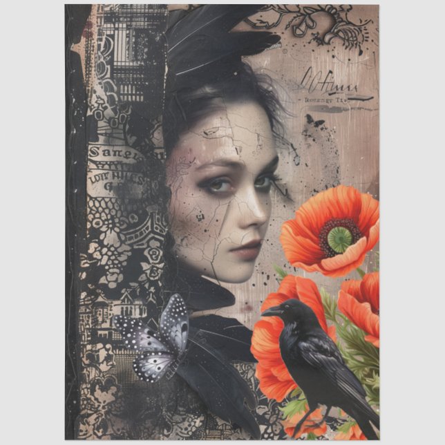 Dark Gothic Girl Raven Red Poppies Abstract Art  Tissue Paper (Front)