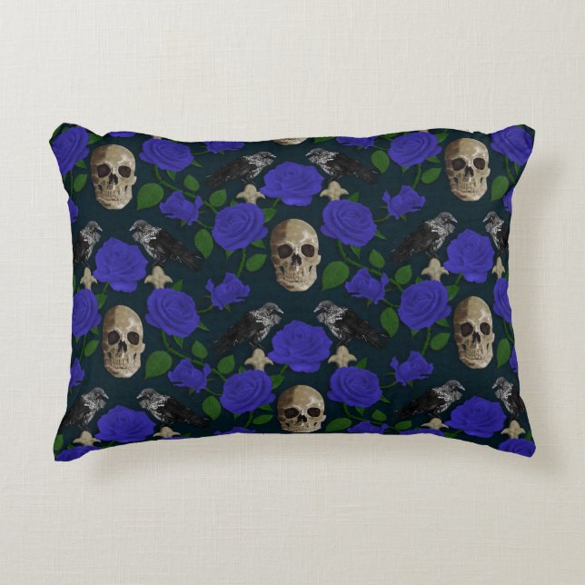 Dark Gothic Grungy Rose Vines Raven Skull blue Accent Pillow (Front)
