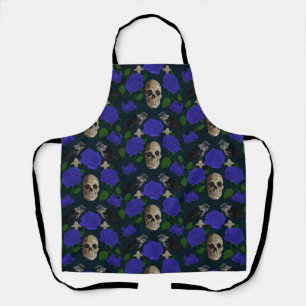 Dark Gothic Grungy Rose Vines Raven Skull blue Apron
