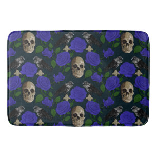 Dark Gothic Grungy Rose Vines Raven Skull blue Bath Mat