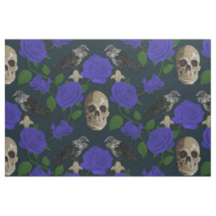 Dark Gothic Grungy Rose Vines Raven Skull Blue Fabric