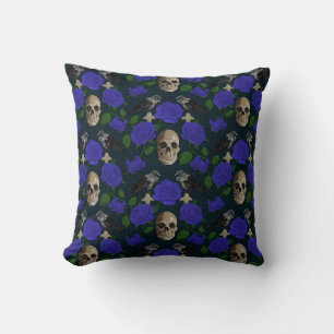 Dark Gothic Grungy Rose Vines Raven Skull blue Throw Pillow