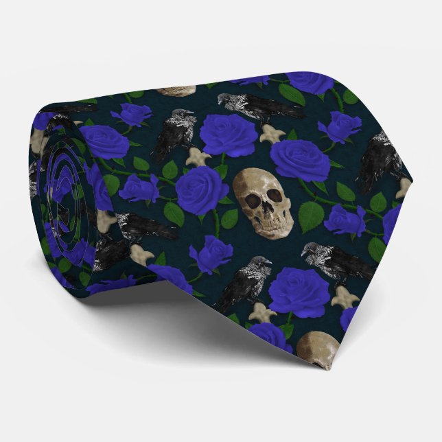Dark Gothic Grungy Rose Vines Raven Skull blue Tie (Rolled)
