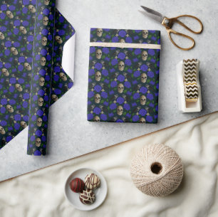 Dark Gothic Grungy Rose Vines Raven Skull blue Wrapping Paper